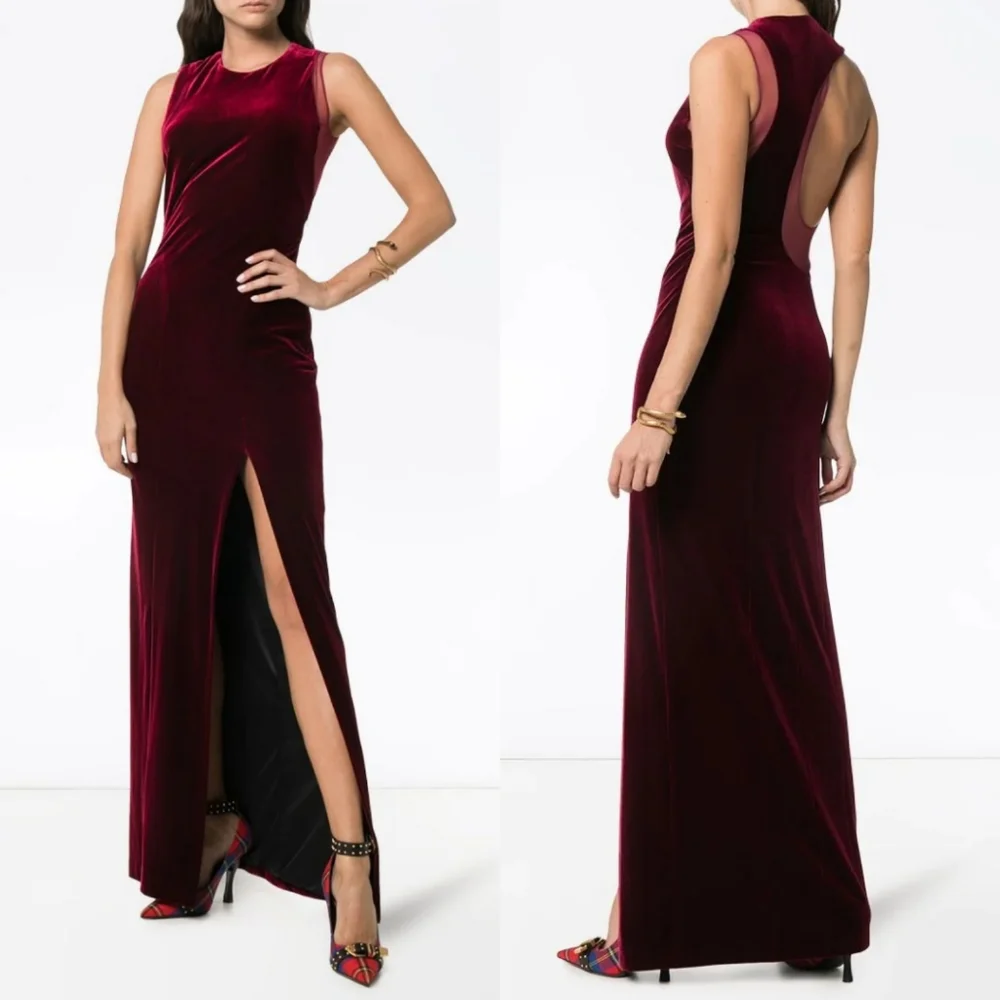 Galvan London Crescent Sheer Panel Thigh Split Velvet Wine Evening Gown Size 10 - Picture 6 of 17